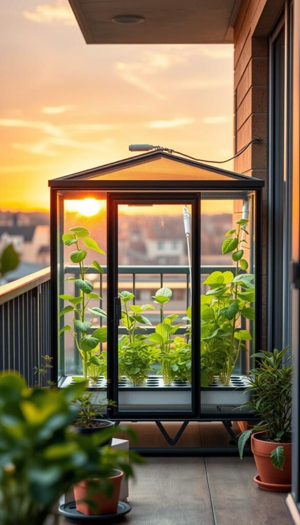 A cozy, well-lit balcony with a miniature greenhouse structure, housing a thriving hydroponic garden. Inside the greenhouse, lush green plants with vibrant leaves sway gently, their stems supported by a sleek, modular hydroponic system. The background features a warm, golden-hued sunset, casting a soft, inviting glow over the scene. The balcony is adorned with potted plants, creating a serene, nature-inspired atmosphere. The camera angle is slightly elevated, providing a panoramic view of the entire setup, showcasing the compact yet efficient use of the limited balcony space.