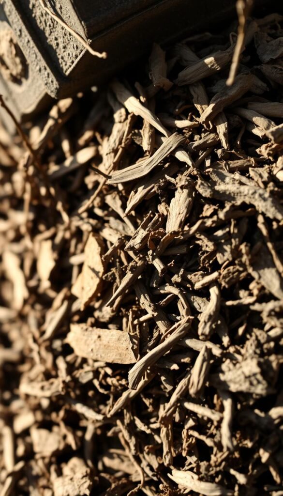 A cozy, well-lit close-up of organic mulch spilling over the edge of a planter, showcasing its textural and insulating properties. The mulch is a rich, earthy blend of shredded bark, dried leaves, and decomposing organic matter, creating a lush, protective layer that hugs the soil. The lighting is soft and diffused, casting gentle shadows that highlight the intricate patterns and varied hues within the mulch. The camera angle is slightly angled, providing a dynamic, almost three-dimensional perspective that invites the viewer to feel the warmth and insulation of the mulch. The overall mood is one of natural, rustic comfort, perfectly suited for a winter-themed container gardening scene.