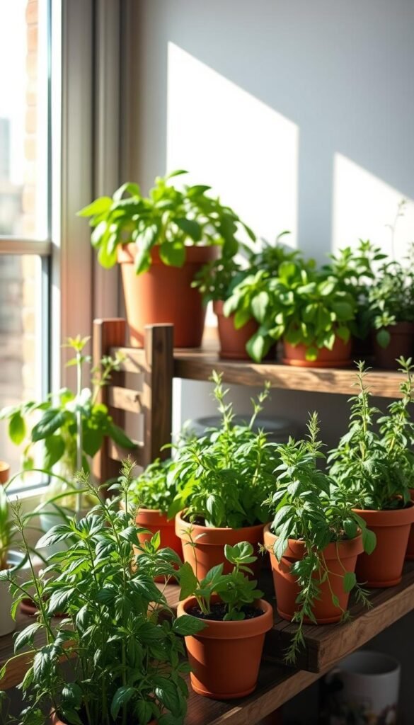 A cozy, well-lit indoor kitchen herb garden with lush, vibrant plants in terracotta pots on a rustic wooden shelving unit. Soft, natural light filters in through a large window, casting warm shadows across the scene. In the foreground, a diverse selection of herbs like basil, thyme, rosemary, and oregano stand tall, their leaves glistening with fine mist. The middle ground showcases a few succulents and other complementary potted plants, adding depth and visual interest. The background features a simple, neutral-toned wall, allowing the greenery to take center stage. An overall atmosphere of tranquility, productivity, and the joy of homegrown flavors permeates the image.