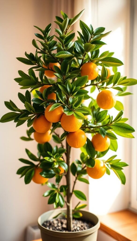 A cozy, well-lit indoor setting showcasing the vibrant foliage and fruit of a thriving potted citrus tree. The plant stands prominent in the foreground, its glossy green leaves and plump, ripe citrus fruits illuminated by warm, diffused lighting from a nearby window. The background features minimal, clean decor - perhaps a wooden table or shelf, complementing the natural tones of the plant. The image conveys a sense of serene, harmonious domesticity, inspiring the viewer to consider bringing the beauty and flavors of citrus into their own living space, even in compact urban environments.