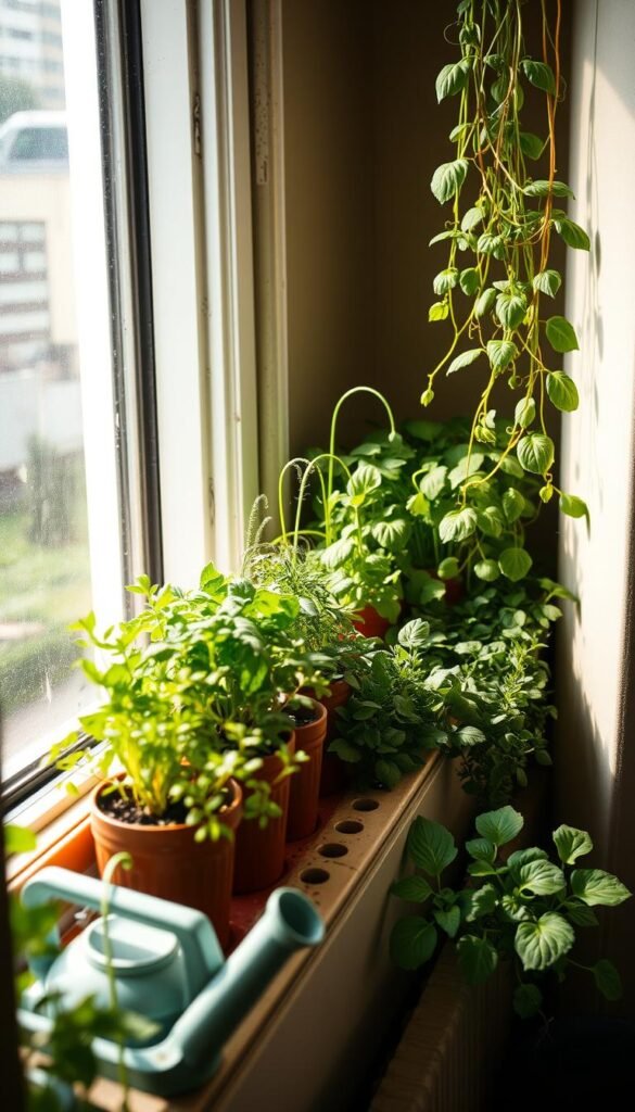 A cozy windowsill mini farm, sunlight gently streaming through the glass, illuminating a lush array of thriving greenery. Rows of potted herbs, leafy greens, and compact vegetables line the sill, their verdant foliage cascading in a delightful display. A small watering can stands nearby, ready to nurture these resilient plants. The scene exudes a sense of tranquility and self-sufficiency, a harmonious integration of nature and urban living. Delicate tendrils reach towards the light, while the earthy aroma of freshly tended soil permeates the air. This compact oasis, nestled within the confines of a window, showcases the beauty and practicality of transforming tight spaces into thriving indoor gardens.