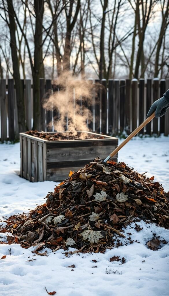 A cozy winter scene of a well-tended compost pile, situated in a snowy backyard. In the foreground, a gardener carefully layers fresh kitchen scraps and dried leaves, meticulously turning the mixture with a long-handled fork. Soft, indirect lighting casts a warm glow, highlighting the steam rising from the active microbes within. In the middle ground, a weathered wooden compost bin provides structure, its aged planks contrasting with the pristine white snow. Behind it, a row of bare trees frames the scene, their silhouettes adding depth and a sense of tranquility. The overall mood is one of productive winter gardening, with the compost pile as the centerpiece of this peaceful, wintry tableau.