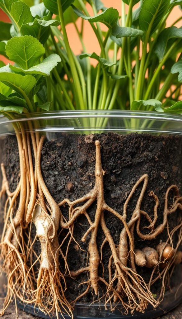 A cross-section of a lush, thriving container garden showcasing the intricate root system of various vegetables. The foreground features the exposed root structures of leafy greens, herbs, and root vegetables, each meticulously detailed with a natural, earthy palette. The middle ground depicts a semi-transparent container, allowing a glimpse into the soil and the healthy, intertwined roots filling the space. The background blurs into a warm, softly-lit environment, emphasizing the importance of container size in nurturing a robust, vibrant root system. The image is captured with a macro lens, using soft, diffused lighting to highlight the delicate, fibrous nature of the roots and the overall harmony of the container garden.