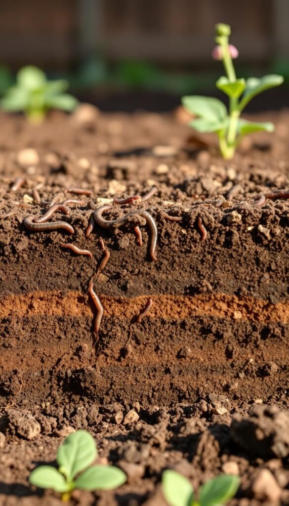 A cross-section of a thriving no-till garden bed, showcasing its intricate layered structure. The foreground depicts a rich, dark topsoil teeming with earthworms and organic matter, transitioning into a middle layer of partially decomposed plant matter and compost. The background reveals the underlying soil profile, with distinct horizons of mineral-rich subsoil, all bathed in warm, soft natural lighting that accentuates the earthy tones. The scene conveys a sense of harmony and minimal disturbance, illustrating the principles of sustainable, low-impact gardening.