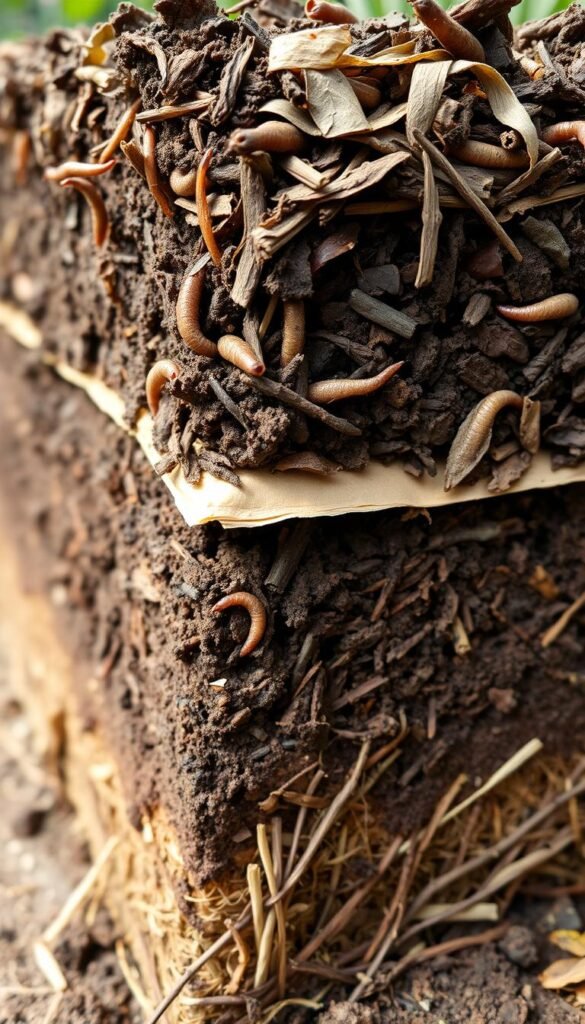 A cross-section of a well-established no-dig raised garden bed, showcasing its distinct layered structure. In the foreground, a rich, dark soil layer teeming with earthworms and organic matter. Above it, a thick mulch layer of shredded bark or leaves, retaining moisture and suppressing weeds. In the middle ground, a layer of cardboard or newspaper, acting as a natural barrier to inhibit weed growth. At the base, a layer of coarse material such as straw or twigs, allowing for optimal drainage. The entire scene is illuminated by soft, diffused natural light, capturing the earthy tones and textures of this sustainable gardening technique. Captured with a macro lens to highlight the intricate details of this no-dig bed's construction.