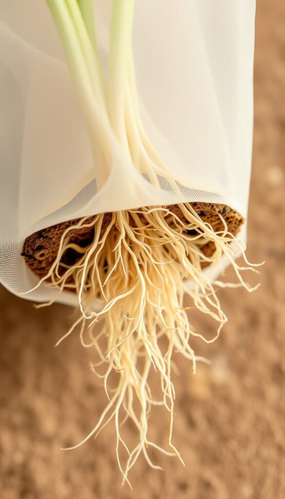 A cross-section of an air pruning root system in a grow bag, captured in exquisite detail with a high-resolution macro lens. The delicate, fibrous roots are illuminated by soft, natural lighting, revealing their intricate branching patterns and healthy, unblemished appearance. The grow bag material is translucent, allowing a clear view of the roots' interaction with the air-permeable fabric. The background is a muted, earthy tone, placing the subject in sharp focus and emphasizing the importance of breathability and drainage for robust root development. The overall composition conveys a sense of harmony and the essential role of air pruning in promoting plant health and vigorous growth.