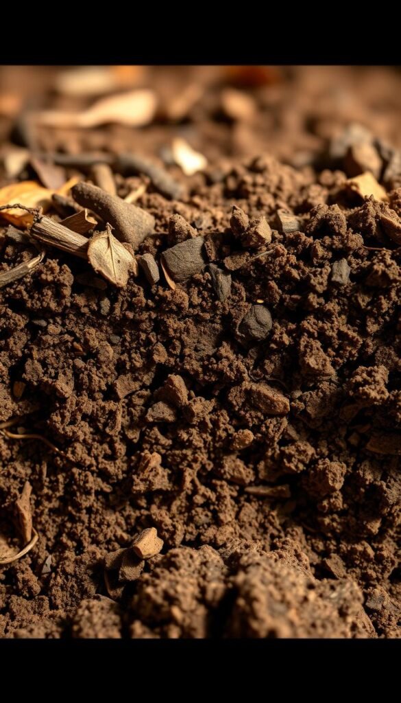 A cross-section of rich, loamy soil with distinct layers of organic matter, revealing the intricate structure that enhances fertility. In the foreground, a blend of decomposed leaves, woody debris, and compost, gradually transitioning into a middle layer of dark, crumbly humus. The background showcases the underlying mineral soil, its texture and color indicative of improved aggregation. Warm, diffused lighting casts subtle shadows, highlighting the depth and complexity of this thriving, living ecosystem. Captured with a macro lens, the image conveys the beauty and vitality of a soil system actively regenerating through the incorporation of organic materials.