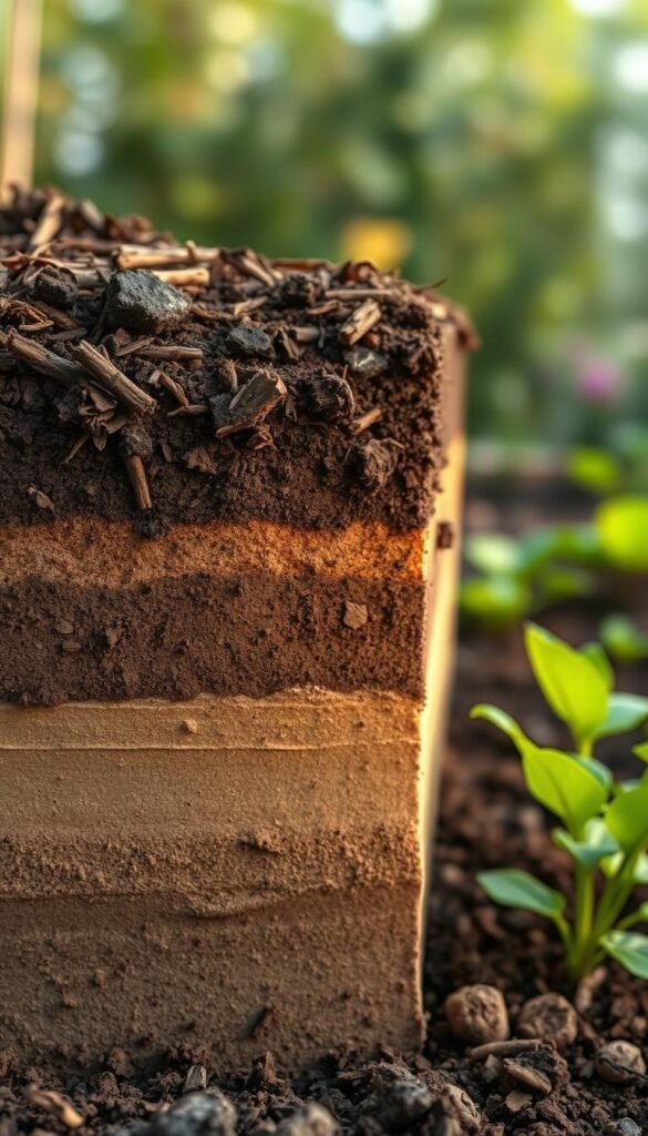 A cross-section of rich, nutrient-dense no-dig garden soil, captured in a detailed, beautifully lit illustration. The foreground depicts the uppermost layer of decomposing organic matter, mulch, and compost, creating a dark, fertile surface. The middle ground showcases the distinct soil horizons - the topsoil with its fine, crumbly texture, the subsoil with its deeper, more compacted structure, and the underlying clay layer. Subtle highlights and shadows emphasize the distinct layers and their varying properties. The background features a softly blurred, natural garden setting, lending a serene, educational atmosphere to the whole scene. Rendered with a realistic, high-quality aesthetic using a wide-angle lens to capture the full depth of the soil profile.