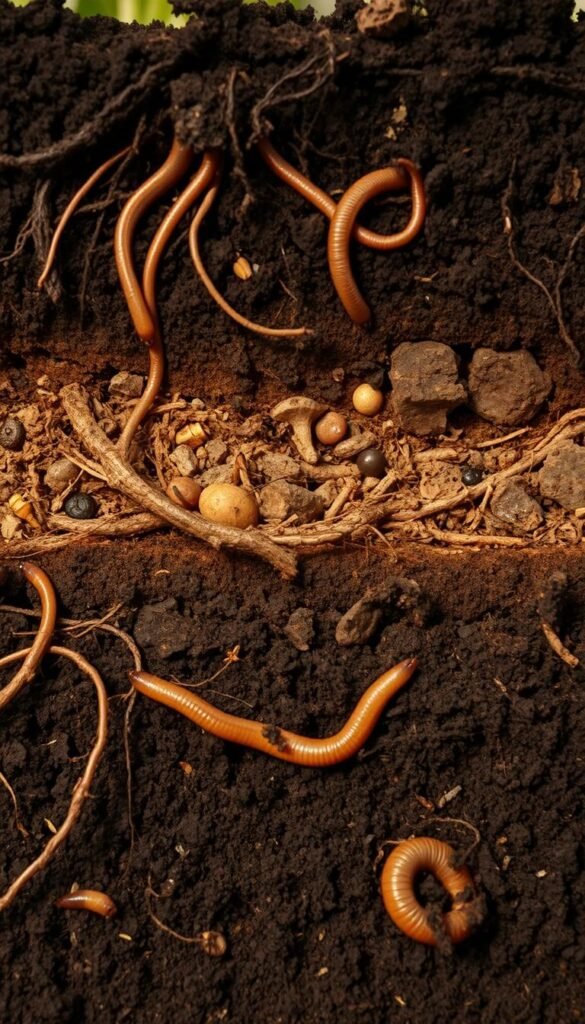 A cross-section of rich, organic soil layers teeming with life. In the foreground, intricate root systems and earthworms burrow through the dark, humus-rich topsoil. Midground reveals a diverse ecosystem of fungi, insects, and microorganisms thriving in the loamy, well-aerated middle layer. The background showcases the transition to the subsoil, where mineral-rich deposits and ancient rock formations provide a sturdy foundation. Warm, natural lighting filters through, casting a gentle, earthy glow over the scene. Captured with a macro lens, the image offers an intimate, detailed exploration of the complex, interconnected world beneath the surface, essential for understanding the principles of no-dig gardening.
