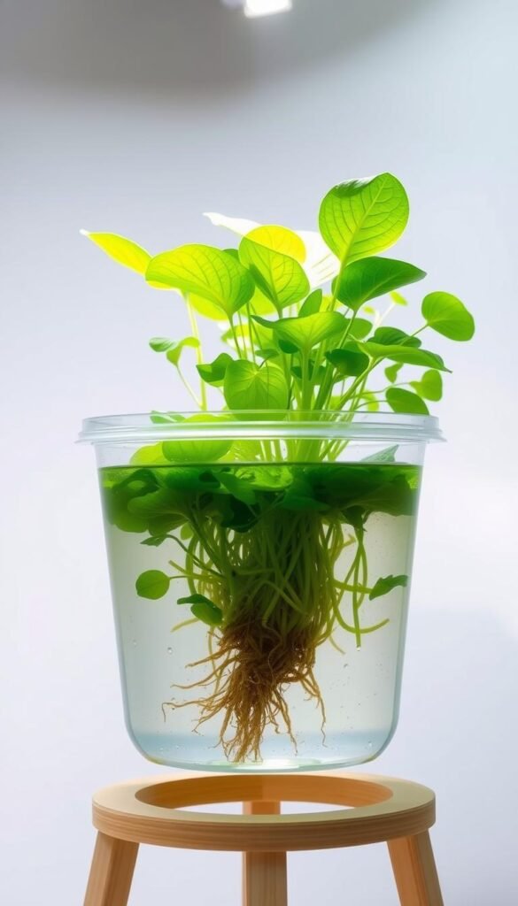 A deep water culture (DWC) setup with a clear plastic container filled with nutrient-rich water, supporting a lush, thriving hydroponic plant. The plant's roots are submerged, while the leafy green foliage emerges from the top. Soft, diffused lighting from above illuminates the setup, creating a serene, verdant atmosphere. The container stands on a simple, minimalist wooden stand, blending seamlessly with the natural aesthetic. The overall composition emphasizes the simplicity and efficiency of a DIY DWC system, showcasing how a low-cost setup can yield bountiful, healthy results.