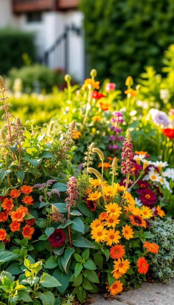 A delightful arrangement of ornamental edible plants, illuminated by warm, natural lighting and captured with a crisp, high-resolution lens. In the foreground, a vibrant selection of leafy greens, herbs, and colorful edible flowers cascade gracefully, inviting closer inspection. The middle ground features a harmonious blend of textured foliage and whimsical blooms, hinting at the versatility of these dual-purpose plants. In the background, a subtle, blurred backdrop of lush greenery and subtle architectural elements creates a serene, inviting atmosphere, showcasing how these ornamental edibles can seamlessly integrate into a picturesque front yard landscape.