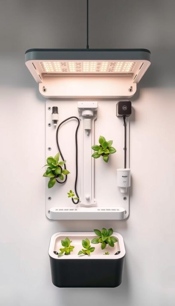 A detailed and intricate arrangement of hydroponic system components, showcasing the fundamental elements necessary for successful small-scale indoor gardening. A sleek, minimalist design aesthetic, with a clean white background that allows the various elements to stand out. The arrangement includes a grow tray, LED grow lights, a nutrient solution reservoir, an air pump, and carefully positioned plant pods. The lighting casts a warm, natural glow, highlighting the lush foliage and the efficient, compact layout. An overhead perspective offers a comprehensive view of the system, conveying a sense of order, functionality, and the potential for bountiful harvests in even the most confined urban spaces.
