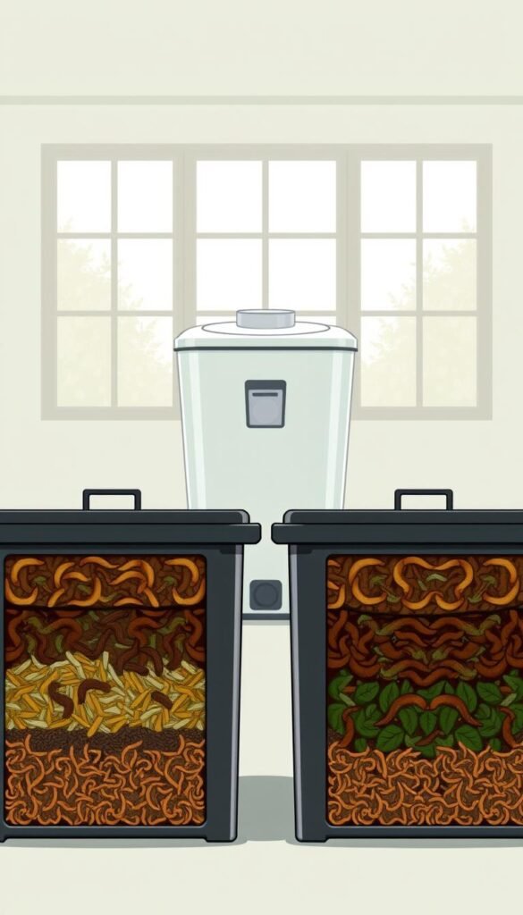 A detailed, architectural illustration showcasing the key components of a composting system comparison. In the foreground, two identical worm bins with transparent panels, revealing the layers of bedding, worms, and decomposing organic matter. In the middle ground, a sleek, modern bokashi bin with its signature airlock lid. The background features a simple, minimalist setting with natural lighting filtering in through large windows, highlighting the textures and details of the composting systems. The overall mood is one of informative clarity, inviting the viewer to understand the intricate workings and unique features of each composting method.
