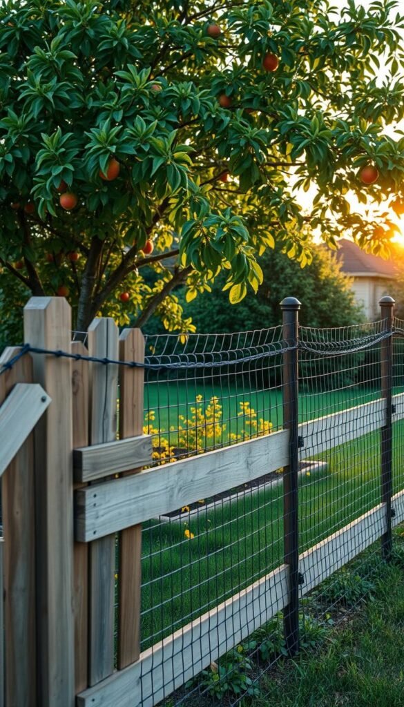 A detailed backyard scene featuring an intricate fence designed to deter specific pests. In the foreground, the fence is adorned with various custom modifications such as angled panels, wire mesh, and strategically placed obstacles to prevent small animals from climbing or burrowing through. The middle ground showcases a lush, well-tended fruit garden, with healthy trees and bushes bearing an abundance of ripe produce. In the background, a warm, golden-hour lighting illuminates the scene, casting long shadows and creating a peaceful, inviting atmosphere. The overall composition conveys a sense of thoughtful, nature-inspired pest management, blending form and function seamlessly.