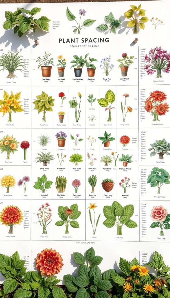 A detailed, botanical plant spacing chart, displayed on a clean, white background. The chart showcases various plant species, each represented by a realistic, highly detailed illustration. The layout is structured and organized, with clear grids and measurements to guide the viewer on optimal plant spacing for an organized square foot garden. Natural lighting enhances the textural details of the plants, creating a sense of depth and realism. The overall mood is informative and educational, designed to assist gardeners in mastering the art of layout and plant placement.