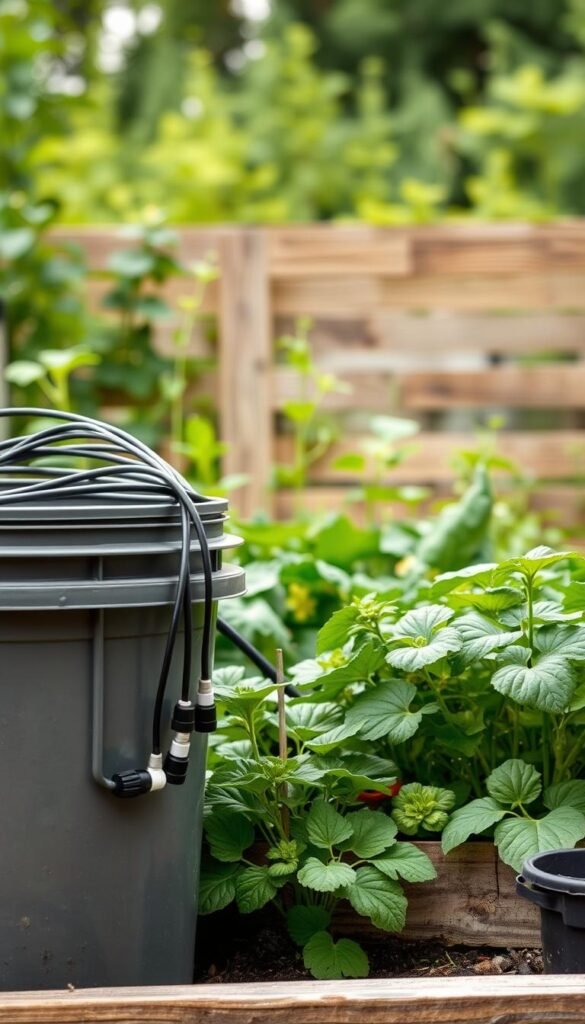 A detailed bucket garden irrigation system set against a lush, verdant backdrop. In the foreground, a sturdy plastic bucket with a series of drip lines and emitters meticulously arranged, gently delivering water to the plants. The middle ground showcases a variety of thriving vegetables and herbs, their leaves glistening with moisture. In the background, a well-maintained wooden raised bed frames the scene, its weathered planks providing a rustic contrast. Soft, diffused natural lighting creates a tranquil atmosphere, highlighting the efficiency and simplicity of this advanced bucket gardening technique.