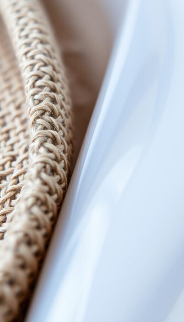 A detailed close-up comparison of fabric and plastic materials, showcasing their distinct textures and composition. The fabric swatch in the foreground has a soft, woven pattern with a natural, earthy tone. The plastic material in the middle ground displays a smooth, shiny surface with a sleek, modern aesthetic. The background is slightly blurred, placing the focus on the contrasting materials. Lighting is designed to accentuate the subtle differences in surface details, with soft, directional illumination creating highlights and shadows. Captured at a high resolution with a macro lens to emphasize the intricate material structures.