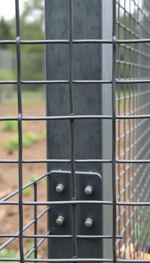 A detailed close-up of a sturdy metal mesh fencing, with a matte, weathered finish reflecting the soft, diffused lighting of an overcast day. The rectangular metal wire grids are tightly woven, forming a durable and rigid barrier that appears impenetrable. The fencing is anchored by robust metal poles, casting subtle shadows and creating a sense of depth and dimensionality. The overall scene conveys a sense of security and protection, perfectly suited for an enclosed vegetable garden to safeguard plants from deer and rabbits.