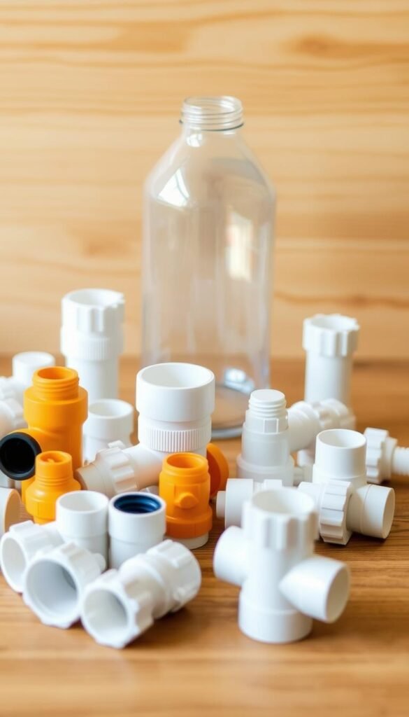 A detailed close-up photograph of a collection of PVC pipe self-watering components arranged on a wooden surface. The foreground features a variety of PVC fittings, connectors, and valves in various sizes and colors. The middle ground showcases a transparent reservoir bottle and a small section of PVC pipe. The background subtly blurs into a neutral, warm-toned wooden texture, keeping the focus on the carefully curated assortment of essential DIY self-watering supplies. The lighting is soft and natural, highlighting the intricacies and textures of the components. The overall mood is one of organization, simplicity, and anticipation for the upcoming gardening project.