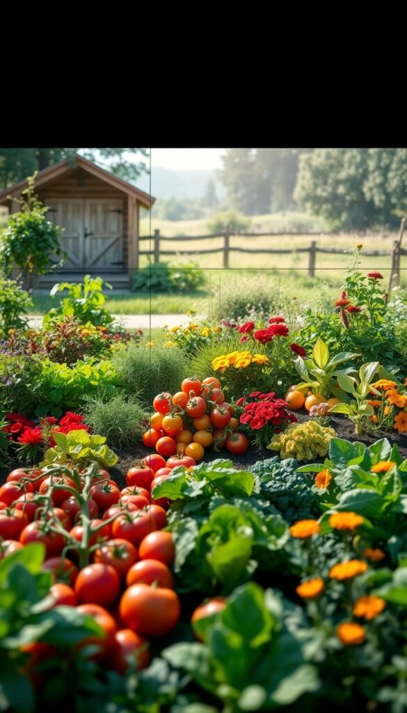 A detailed companion planting diagram, showcasing the harmonious arrangement of various fruits and vegetables in a lush, bountiful garden. The foreground features an intricate layout of vibrant produce, including tomatoes, peppers, lettuce, and herbs, arranged in a visually appealing pattern. The middle ground depicts a variety of companion plants, such as marigolds and nasturtiums, strategically placed to deter pests and enhance the growth of the primary crops. The background encompasses a serene, sun-dappled landscape with a wooden garden shed, evoking a sense of tranquility and productivity. The lighting is soft and natural, casting gentle shadows that accentuate the textures and colors of the garden elements. The overall composition conveys a sense of balance, organization, and the synergistic relationship between the different plants, creating an inspiring vision for the reader's own fruit and vegetable garden.