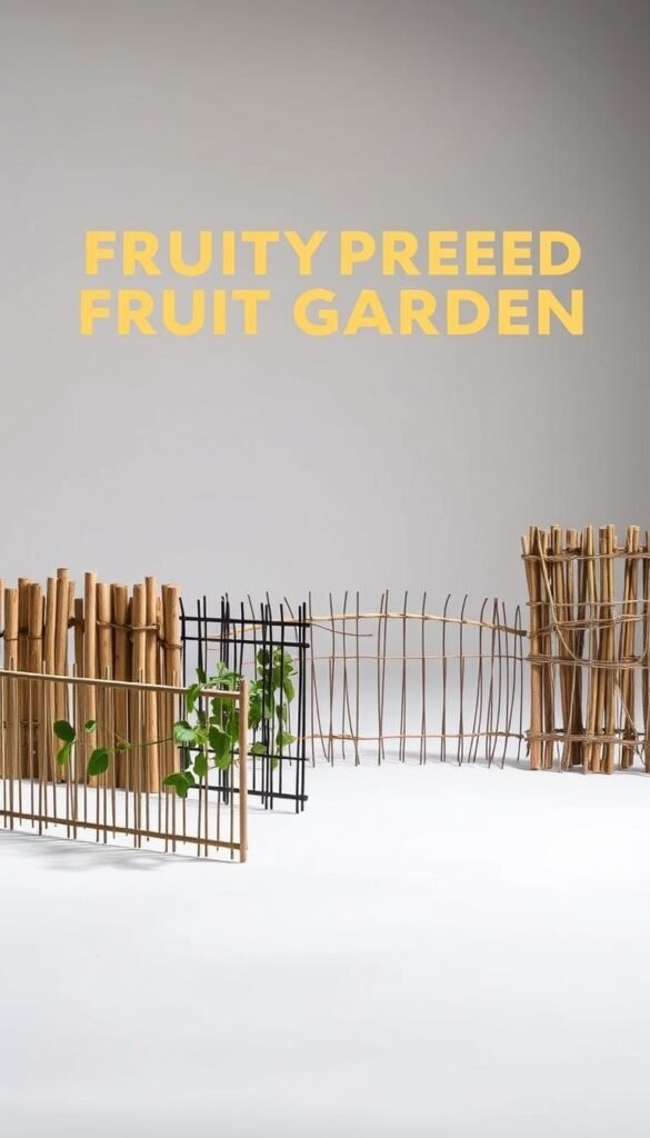 A detailed comparison of various fencing materials for a backyard fruit garden, showcased in a clean, well-lit studio setting. The foreground features samples of different fences - wooden, metal, bamboo, and woven branches - artfully arranged to highlight their unique textures, colors, and construction. The middle ground offers a closer look at the intricate details of each material, while the background maintains a simple, neutral backdrop to keep the focus on the fencing options. Subtle shadows and soft, diffused lighting create a sense of depth and balance, allowing the viewer to carefully examine and compare the versatility and suitability of these materials for an effective, critter-proof backyard garden fence.