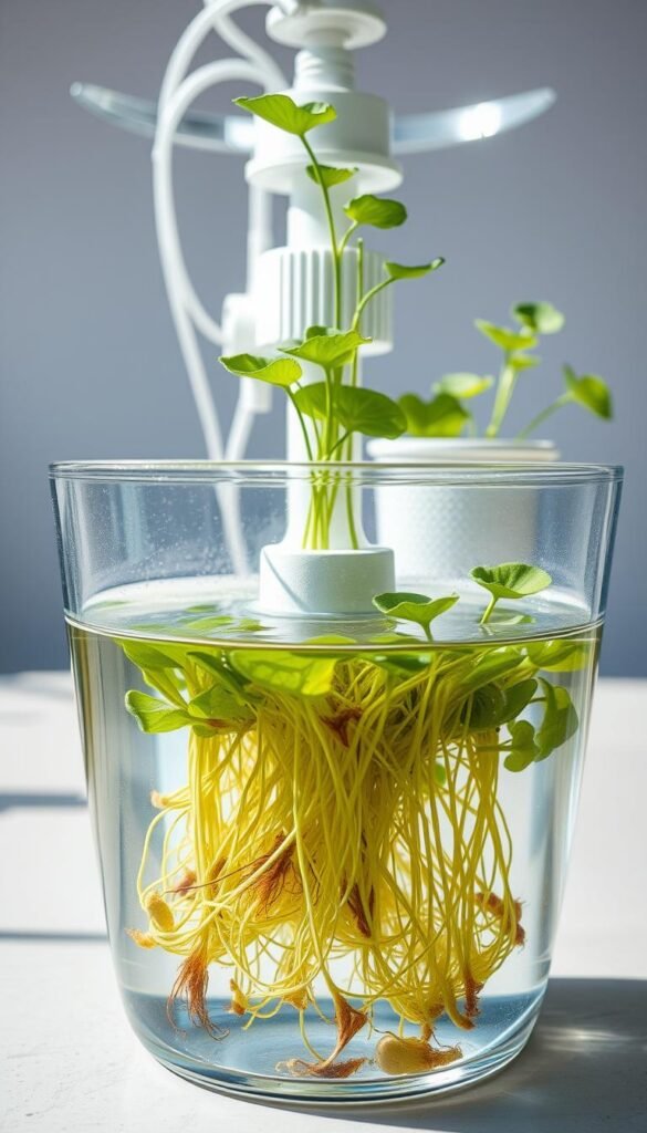 A detailed cross-section of a deep water culture hydroponics system, captured with a high-resolution macro lens in natural lighting. In the foreground, a transparent growing vessel filled with clear water, revealing the submerged roots of thriving plants. In the middle ground, the system's core components are visible - an air pump, air stone, and net pot supporting the plants. The background showcases the overall setup, with a clean, minimalist design that highlights the system's efficient functionality. The scene conveys a sense of tranquility and scientific precision, providing a clear visual explanation of the deep water culture technique.