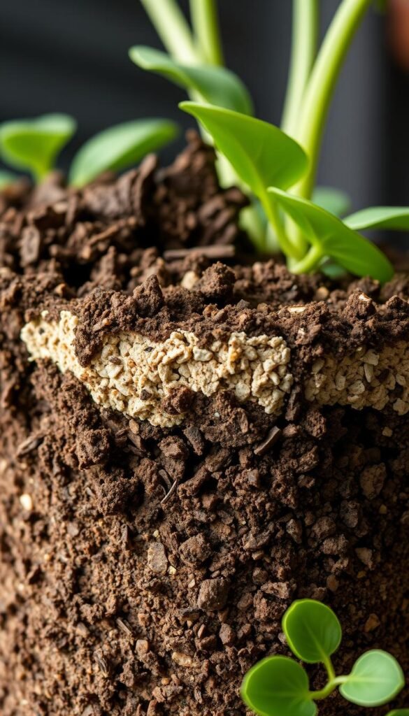 A detailed cross-section of a lush container garden soil, showcasing its distinct layers. In the foreground, a close-up view of the top layer reveals a rich, dark-brown organic compost, teeming with life and nutrients. Transitioning into the middle ground, the next layer features a well-aerated potting mix, light in color and texture, providing optimal drainage. Deeper underground, the bottom layer is composed of a coarse, mineral-rich substrate, acting as a foundation for the roots to firmly anchor. Soft, diffused lighting casts gentle shadows, highlighting the subtle gradients and textures of this meticulously constructed soil profile. Captured with a macro lens, the image invites the viewer to appreciate the complexity and importance of a healthy container garden substrate.