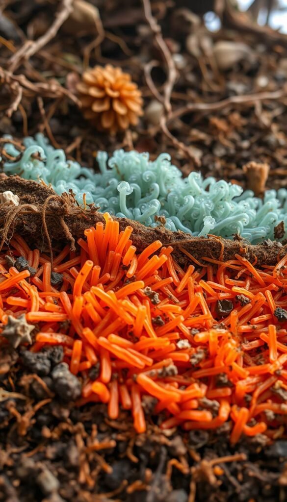 A detailed cross-section of two distinct types of bacteria thriving in a vibrant compost heap. In the foreground, thermophilic bacteria, depicted as rod-shaped cells in shades of orange and red, rapidly decomposing organic matter and generating heat. In the middle ground, psychrophilic bacteria, represented as spiral-shaped cells in cool blues and greens, slowly but steadily breaking down more resistant materials. The background showcases the intricate network of mycelium, fungi, and other microorganisms that contribute to the complex ecosystem of the compost. Lit by a soft, diffused light, the scene conveys the delicate balance and scientific wonder of winter composting.
