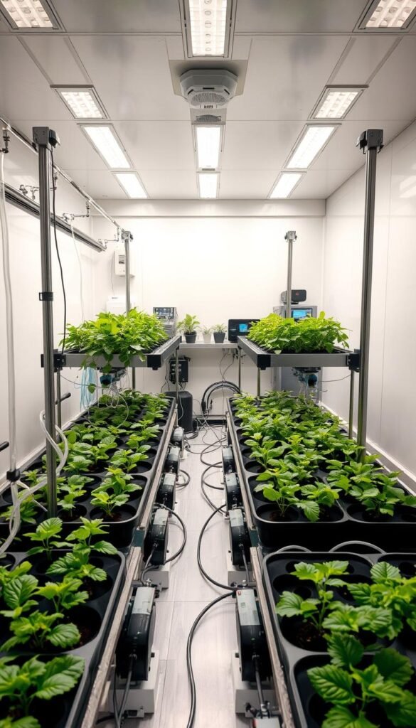 A detailed, cross-sectional overview of a modern hydroponic system, showcasing its key components. The foreground depicts a tidy arrangement of plant-filled grow trays, nutrient reservoirs, and air pumps, all connected by transparent tubing. The middle ground highlights the system's modular structure, with adjustable lighting rigs and monitoring displays. In the background, a clean, minimalist interior provides a sleek, high-tech setting, with indirect lighting casting a soft, even glow over the entire setup. The overall scene conveys a sense of efficiency, precision, and a harmonious integration of organic and inorganic elements, exemplifying the principles of hydroponics.