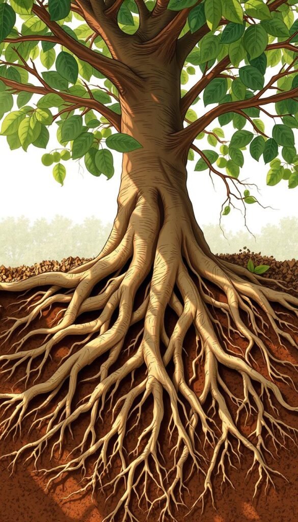 A detailed, cross-sectional view of a mature fruit tree's expansive, intricate root system. Earthy tones and textures dominate, with delicate, fibrous roots radiating outward from the sturdy, gnarled central taproot. Dappled sunlight filters through the soil, casting soft shadows that highlight the organic, three-dimensional structure. The roots gracefully navigate the underground terrain, exploring the rich, loamy substrate. This visually captivating illustration captures the hidden foundations that support the growth and vitality of garden-variety fruit trees.