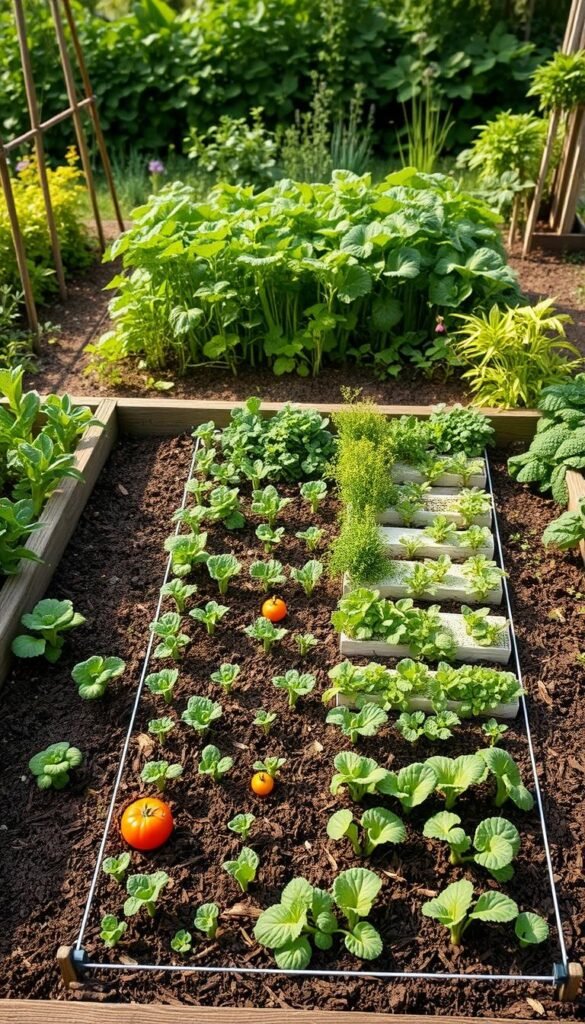 A detailed diagram showcasing an intensive planting layout for a raised bed vegetable garden. The foreground features a grid-like arrangement of various vegetable plants, spaced closely together to maximize space utilization. The middle ground highlights the raised bed structure, with rich, dark soil and organic mulch visible. The background depicts a lush, verdant garden setting, with a subtle natural lighting creating a serene atmosphere. The overall composition emphasizes efficiency, productivity, and a harmonious integration of plants within a confined, well-organized space.