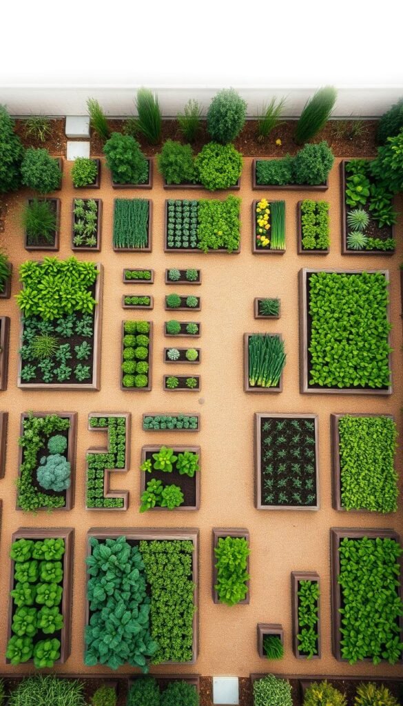 A detailed garden layout with clearly defined zones and blocks, showcasing an organized and aesthetically pleasing vegetable garden. A wide, overhead view captures the entire layout, with a balanced composition of geometric shapes and patterns. The foreground features well-delineated planting beds of various sizes and shapes, arranged in a harmonious and intentional manner. The middle ground showcases pathways winding between the beds, inviting exploration. The background subtly hints at surrounding landscaping elements, such as trees, shrubs, or a garden fence, providing a sense of context. The lighting is soft and diffused, highlighting the lush greens and vibrant colors of the produce. The overall mood is one of order, tranquility, and a deep connection to the natural world.