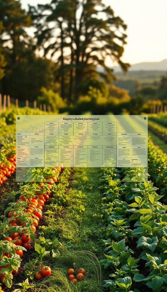 A detailed garden planting plan, meticulously laid out on a lush green background. In the foreground, rows of vegetable beds filled with vibrant, healthy plants - tomatoes, carrots, leafy greens, and more, each precisely positioned for optimal crop rotation and succession. In the middle ground, a neatly organized grid of labels and diagrams, outlining the planting schedule and tracking the flow of the garden ecosystem. The background features a softly blurred landscape, with towering trees and a serene sky, creating a sense of tranquility and harmony. Warm, natural lighting casts a gentle glow over the scene, enhancing the colors and textures. The overall composition conveys a well-thought-out, organized approach to vegetable gardening, perfect for illustrating the "Mapping Your Garden: Creating a Detailed Planting Plan" section.