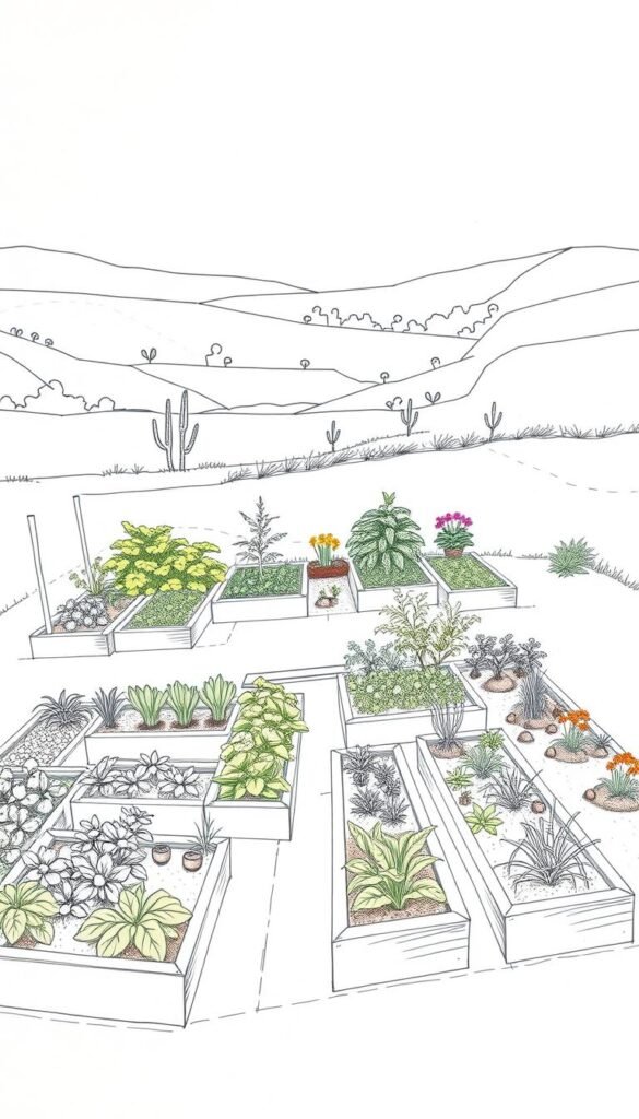 A detailed, hand-drawn blueprint sketch of a thriving vegetable garden layout. The foreground features precisely plotted raised garden beds in an organic, geometric arrangement, with clear delineations for various crops. The middle ground showcases a lush assortment of leafy greens, root vegetables, and vibrant flowering plants, all meticulously laid out. The background offers a soft, muted landscape, with gentle rolling hills and a softly overcast sky, creating a serene, contemplative atmosphere. The lighting is natural, with subtle shadows and highlights accentuating the textures and forms of the garden elements. The overall composition conveys a sense of harmony, planning, and the beauty of an intentionally designed small-scale vegetable plot.