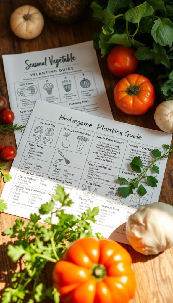 A detailed, hand-drawn seasonal vegetable planting guide laid out on a wooden table, with various fresh vegetables and herbs surrounding it. The guide features illustrations and information about the optimal planting times, growing conditions, and yield expectations for a variety of popular vegetables. The lighting is warm and natural, creating a cozy, rustic atmosphere. The focus is on the planting guide, with the vegetables and herbs in the foreground and a simple, neutral background to draw the viewer's attention to the central element.