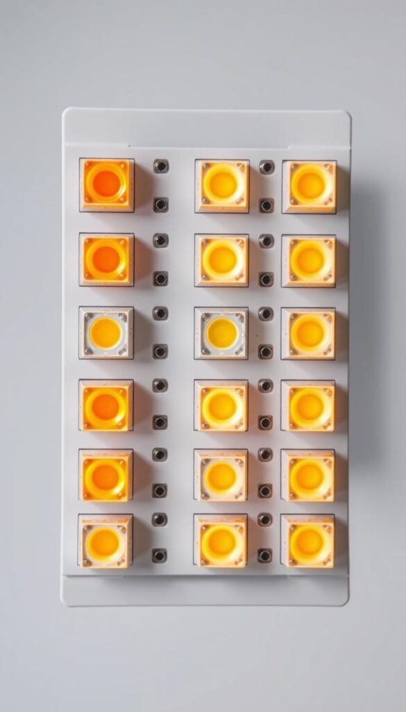 A detailed, high-resolution image of an adjustable spectrum LED lighting system. A close-up view of the LED panel, showcasing the individual diodes and their adjustable color temperature settings, ranging from warm amber to cool blue hues. The lighting arrangement is presented against a clean, minimalist background, with a sense of depth and focus on the technical details. The image conveys a sense of precision and customization, highlighting the versatility and control offered by the adjustable spectrum LED technology.