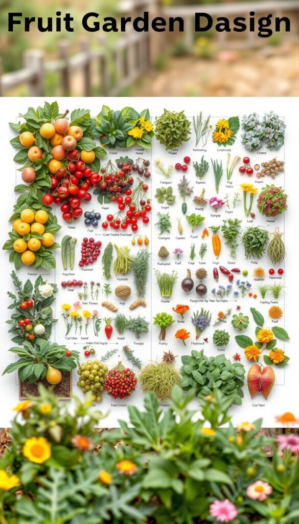 A detailed, neatly organized companion planting diagram with a vibrant, naturalistic aesthetic. Set against a soft, blurred background, the diagram features an array of common garden plants arranged in a harmonious, symmetrical layout. Prominent in the foreground are various fruit trees and berry bushes, their foliage and blooms rendered with precise detail. The midground showcases a variety of herbs, flowers, and vegetables strategically positioned to optimize nutrient and pest management. The background subtly suggests an idyllic garden setting, with hints of wooden trellises and winding garden paths. The overall composition conveys a sense of balance, functionality, and aesthetic appeal, perfectly suited to illustrate the "Fruit Garden Design: Arranging Paths, Trellises, and Companion Planting Essentials" section.