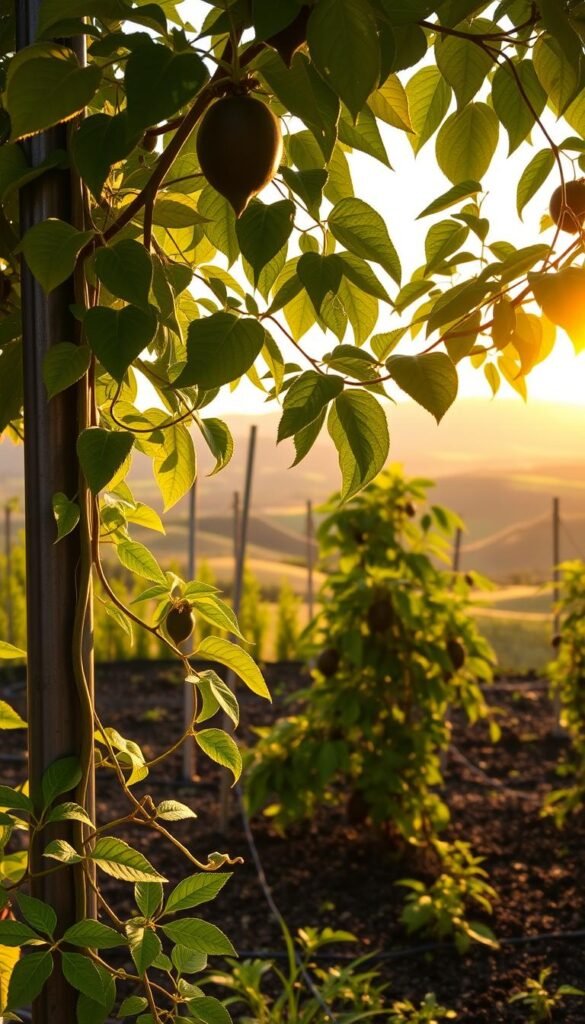 A detailed passionfruit planting guide in a lush, vibrant garden setting. In the foreground, a close-up view of a passionfruit vine, its verdant leaves and tendrils sprawling across a sturdy trellis. The middle ground showcases several passionfruit plants at various stages of growth, their vines elegantly winding around support structures. In the background, a picturesque backdrop of rolling hills, punctuated by the warm glow of golden hour sunlight. The scene is bathed in a soft, natural light, highlighting the textural details of the plants and the richness of the soil. The overall mood is one of tranquility and bountiful growth, inspiring viewers to cultivate their own thriving passionfruit garden.