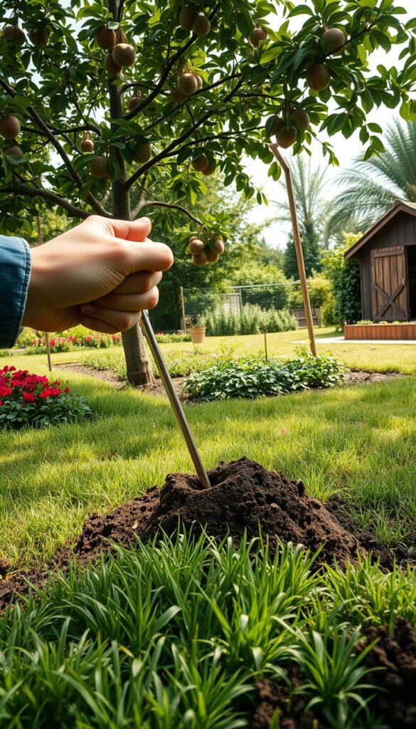 A detailed scene of soil testing for trees in a lush, verdant garden. In the foreground, a gardener's hand holds a soil sampling tool, extracting a core from the rich, dark earth. Surrounding the sampling area, green grass and vibrant flower beds create a serene and inviting atmosphere. In the middle ground, mature fruit trees stand tall, their branches heavy with ripe produce. Soft, diffused natural lighting illuminates the scene, casting gentle shadows. In the background, a neatly tended vegetable patch and a wooden garden shed complete the picturesque setting, conveying a sense of a well-maintained, thriving fruit tree garden.