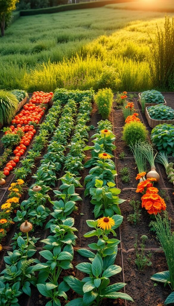 A detailed, scientifically-accurate companion planting diagram, showcasing a thriving vegetable and herb garden layout. The foreground features a grid of neatly spaced rows, with various plants strategically positioned to create a symbiotic ecosystem - tomatoes, basil, and marigolds; carrots, radishes, and onions; leafy greens and trailing vines. The middle ground highlights the intercropping patterns, with diverse shapes, textures, and colors harmoniously interwoven. In the background, a lush, verdant landscape sets the stage, bathed in warm, natural lighting, conveying a sense of growth, abundance, and ecological balance.