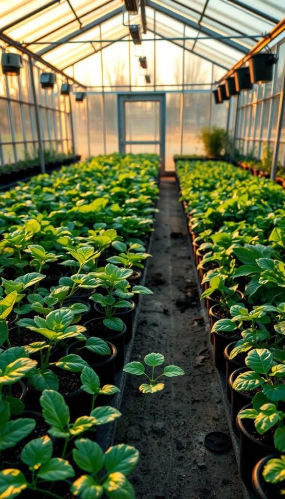 A detailed seasonal planting calendar for a thriving winter greenhouse garden. In the foreground, vibrant vegetable seedlings in various stages of growth, their leaves glowing under warm grow lights. In the middle ground, neat rows of potted herbs and leafy greens, their verdant foliage casting soft shadows. The background showcases the greenhouse structure, its glass panels reflecting the golden light of the setting sun, creating a cozy and tranquil atmosphere. The overall scene conveys a sense of abundance, organization, and the promise of a bountiful winter harvest. Captured with a wide-angle lens to showcase the depth and scale of the greenhouse setup, the image is lit by a combination of natural and artificial lighting to accentuate the textures and colors of the plants.
