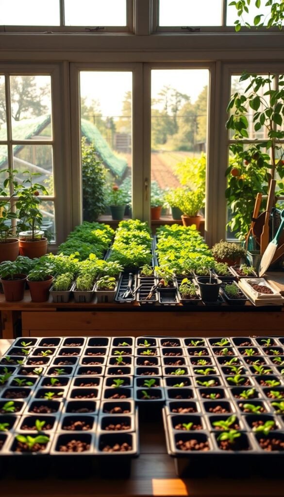 A detailed seasonal seed starting schedule against a verdant garden backdrop. In the foreground, rows of seed trays sit on a wooden potting bench, illuminated by soft natural light filtering through large windows. In the middle ground, lush potted plants and gardening tools create a sense of productivity. The background features a bountiful vegetable garden, with rows of vibrant greens, tomatoes, and other thriving produce under a warm, golden afternoon sky. The overall scene conveys an organized, serene, and inspirational atmosphere for planning a dream vegetable garden.