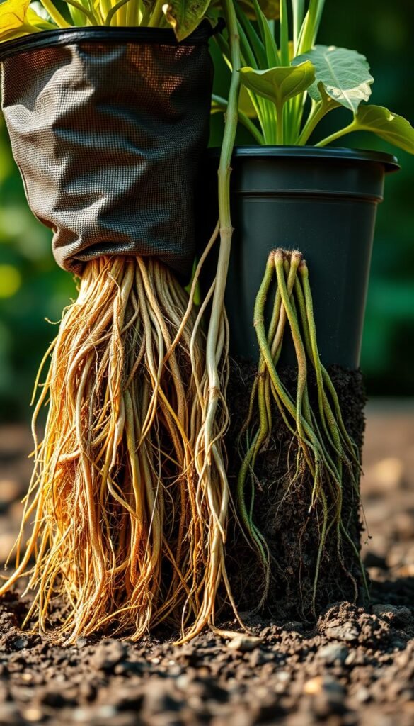 A detailed side-by-side comparison of healthy and unhealthy plant roots, highlighting the differences in structure, color, and growth patterns. The foreground showcases the lush, fibrous roots of a thriving plant in a grow bag, contrasted with the stunted, discolored roots of a plant in a plastic pot. The middle ground reveals the soil texture and density, indicating the superior aeration and nutrient availability in the grow bag. The background features a soft, blurred natural setting, setting an earthy, organic tone. Crisp, warm lighting from the left casts gentle shadows, emphasizing the root structures. Composed with a medium-wide angle lens to capture the full depth of the comparison.