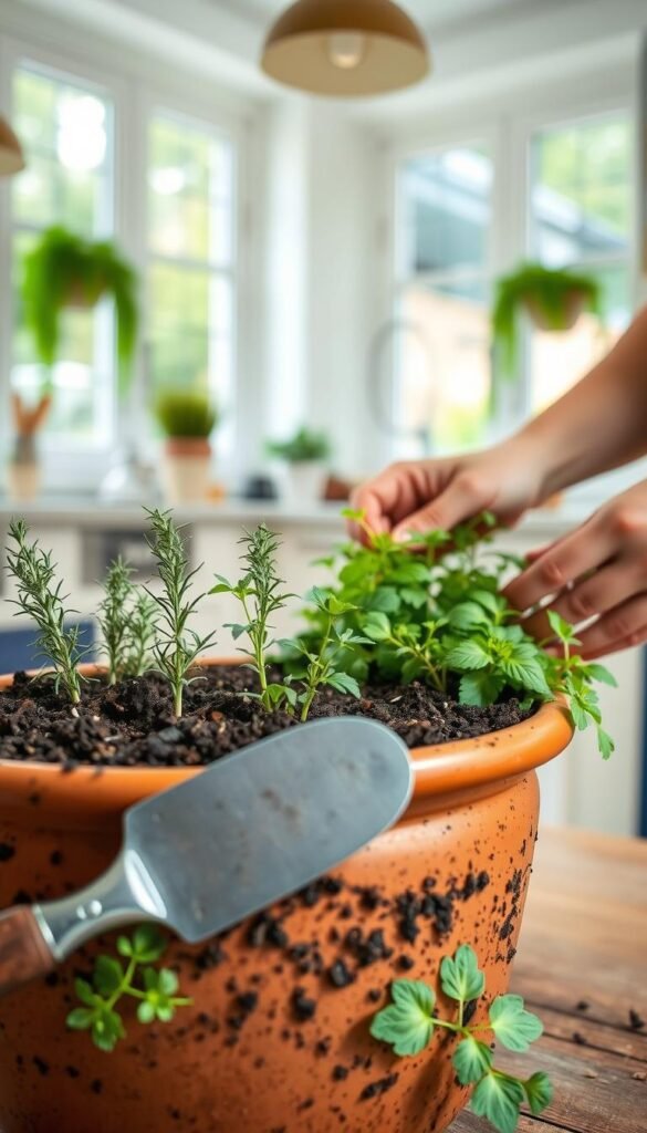 A detailed step-by-step guide to planting herbs in a container garden. In the foreground, a ceramic pot filled with rich, dark soil, a trowel, and a variety of herb seedlings - rosemary, thyme, basil, and parsley. In the middle ground, the hands of a gardener carefully placing the seedlings into the soil, patting them down gently. The background is a bright, airy kitchen with large windows, allowing natural light to flood the scene. The lighting is soft and diffused, creating a warm, inviting atmosphere. The overall mood is one of calm, focused productivity, perfectly capturing the joy of growing one's own kitchen herbs.