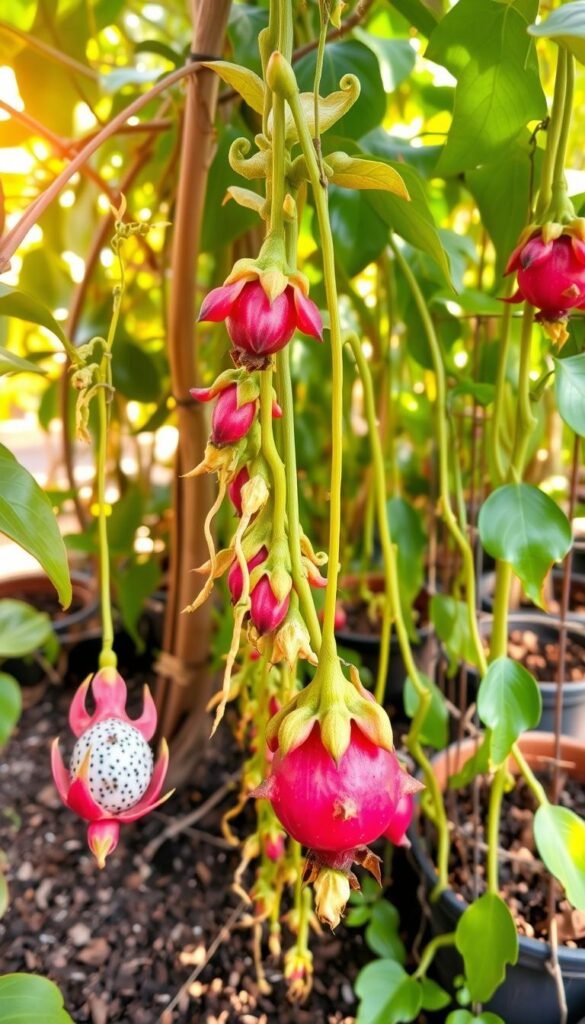 A detailed, step-by-step timeline of a dragon fruit plant's growth, showcasing its life cycle from young seedling to mature, fruit-bearing vine. Captured in a lush, verdant garden setting with warm, natural lighting. The foreground features the plant's distinctive, otherworldly foliage and vibrant pink blooms. The middle ground depicts the plant's trailing vines and support structures, such as trellises or cages. The background subtly hints at the potting mix and soil composition that nourishes the plant's growth. The overall scene conveys a sense of dynamic, thriving life and the rewarding process of cultivating this unique, tropical fruit.
