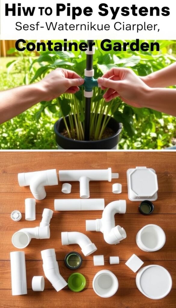 A detailed step-by-step visual guide to assembling a PVC pipe system for a self-watering container garden. In the foreground, the components - PVC pipes, elbows, tees, and caps - are neatly arranged on a wooden work surface, illuminated by soft, natural lighting. In the middle ground, hands carefully connect the pipes, demonstrating the assembly process with precision. The background features a verdant, lush garden, setting the scene for the practical application of this DIY project. The overall mood is one of calm, focus, and a sense of accomplishment in creating a functional, hassle-free watering system.