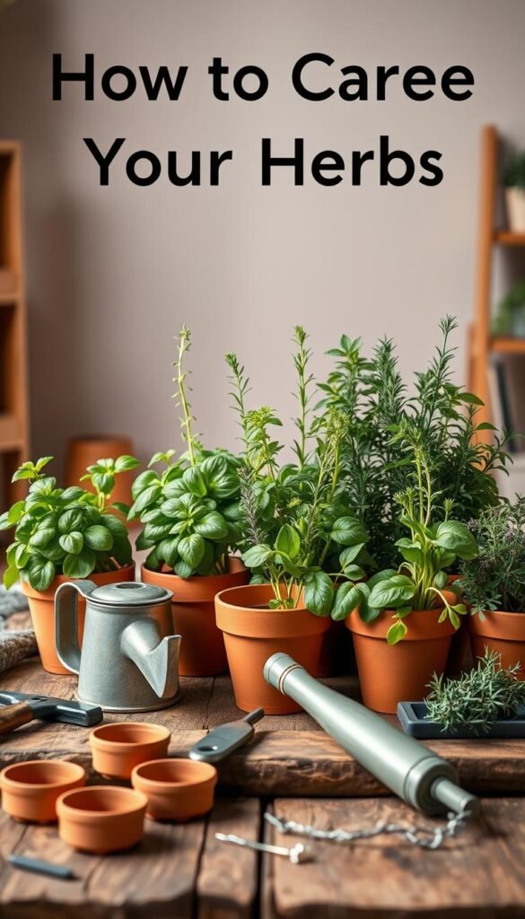 A detailed still life arrangement showcasing the essential tools and supplies for caring for an indoor herb garden. The foreground features a collection of small terracotta pots, gardening shears, a watering can, and a small trowel neatly arranged on a rustic wooden surface. The middle ground shows several healthy, vibrant herb plants in varying stages of growth, such as basil, rosemary, and thyme, surrounded by a soft, natural light that highlights their lush foliage. The background depicts a simple, uncluttered interior setting with warm, earthy tones, complementing the organic nature of the scene. The overall composition conveys a sense of tranquility and care, perfectly suited for illustrating the "How to Care for Your Herbs Indoors" section.