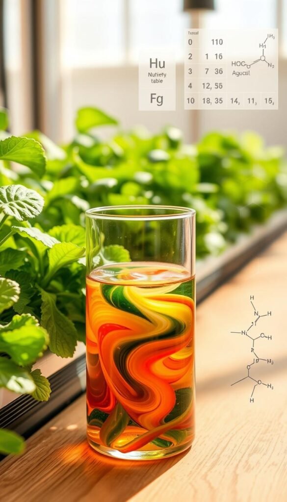 A detailed, technical illustration of the ideal nutrient balance for hydroponic vegetable growth. In the foreground, a clear glass beaker filled with a swirling, vibrantly colored liquid nutrient solution, the perfect blend of essential macronutrients and micronutrients. The middle ground features a lush, verdant hydroponic setup, with leafy greens and vegetables thriving in a carefully curated growing medium. In the background, a simplified periodic table and molecular diagrams provide context on the chemical compounds that comprise the optimal nutrient formula. The scene is bathed in warm, natural lighting, with a clean, minimalist aesthetic that conveys the scientific precision and careful consideration required for successful hydroponic cultivation.