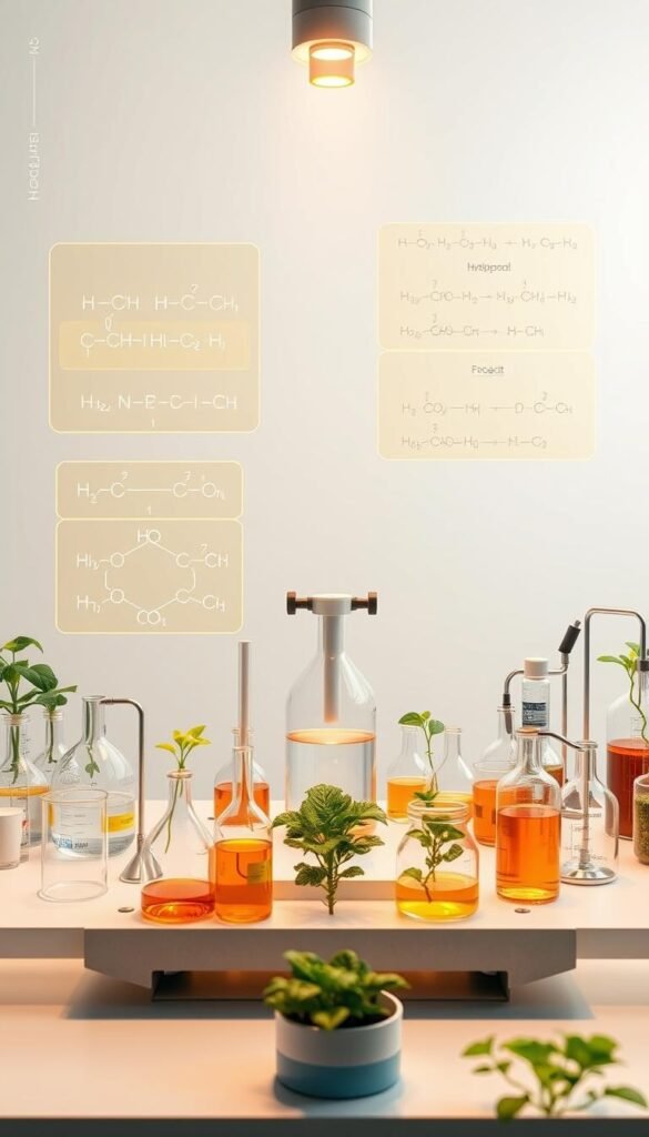 A detailed, technical schematic illustration of advanced hydroponic nutrient calculations. A clean, white background highlights a central laboratory setup with various beakers, pipettes, and measuring instruments. Precise formulas and chemical diagrams are displayed on floating holographic screens, illuminated by warm, focused lighting from above. The scene conveys a sense of scientific precision and expertise, with a layout that would be useful for informing and educating readers about the complexities of designing optimal nutrient solutions for hydroponic vegetable cultivation.