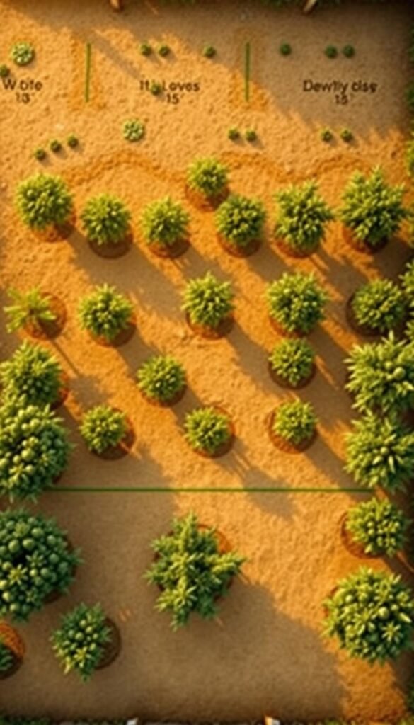 A detailed, top-down diagram of a meticulously planned small orchard garden layout, showcasing the precise spacing and grouping of various fruit trees. The scene is rendered in a realistic, technical style, with a clean, minimalist aesthetic. The foreground features the key fruit tree varieties, their canopies and root systems precisely delineated. The middle ground depicts the carefully measured distances between each tree, with clear pathways and walkways. The background portrays the overall garden setting, with a sense of order and balance. Warm, natural lighting illuminates the scene, creating depth and emphasizing the harmonious arrangement of the trees. The overall tone is one of practical utility, guiding the viewer through an efficient, well-organized small orchard design.